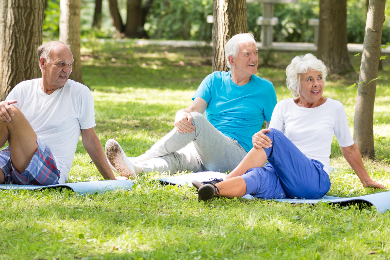 dolegliwości bólowe seniorów, troje seniorów siedzi na trawie i gimnastykuje się